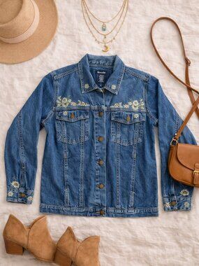 Denim & Co Embroidered Denim Jacket Medium Floral Boho Western